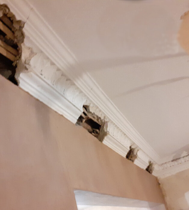 Damaged cornice before restoration