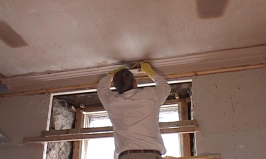 Mel, owner of Alchemy Plaster running a plaster cornice in situ in an Edinburgh property. Traditional plaster cornice technique.