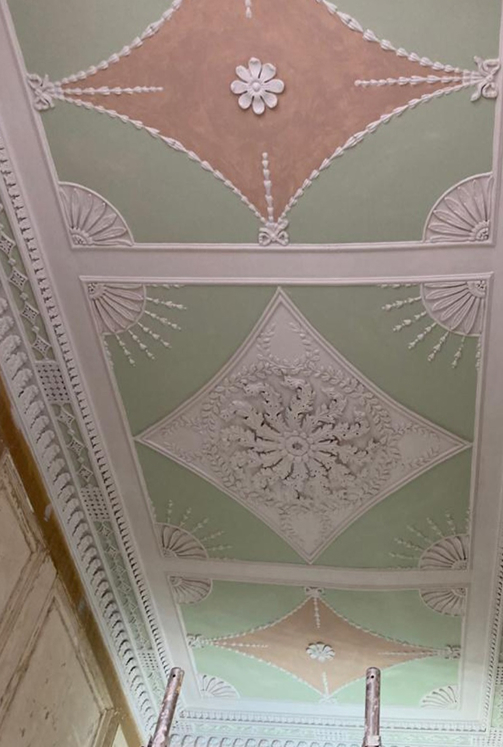 Restored Georgian plaster ceiling with plaster cornice and ceiling rose in Edinburgh by Alchemy Plaster